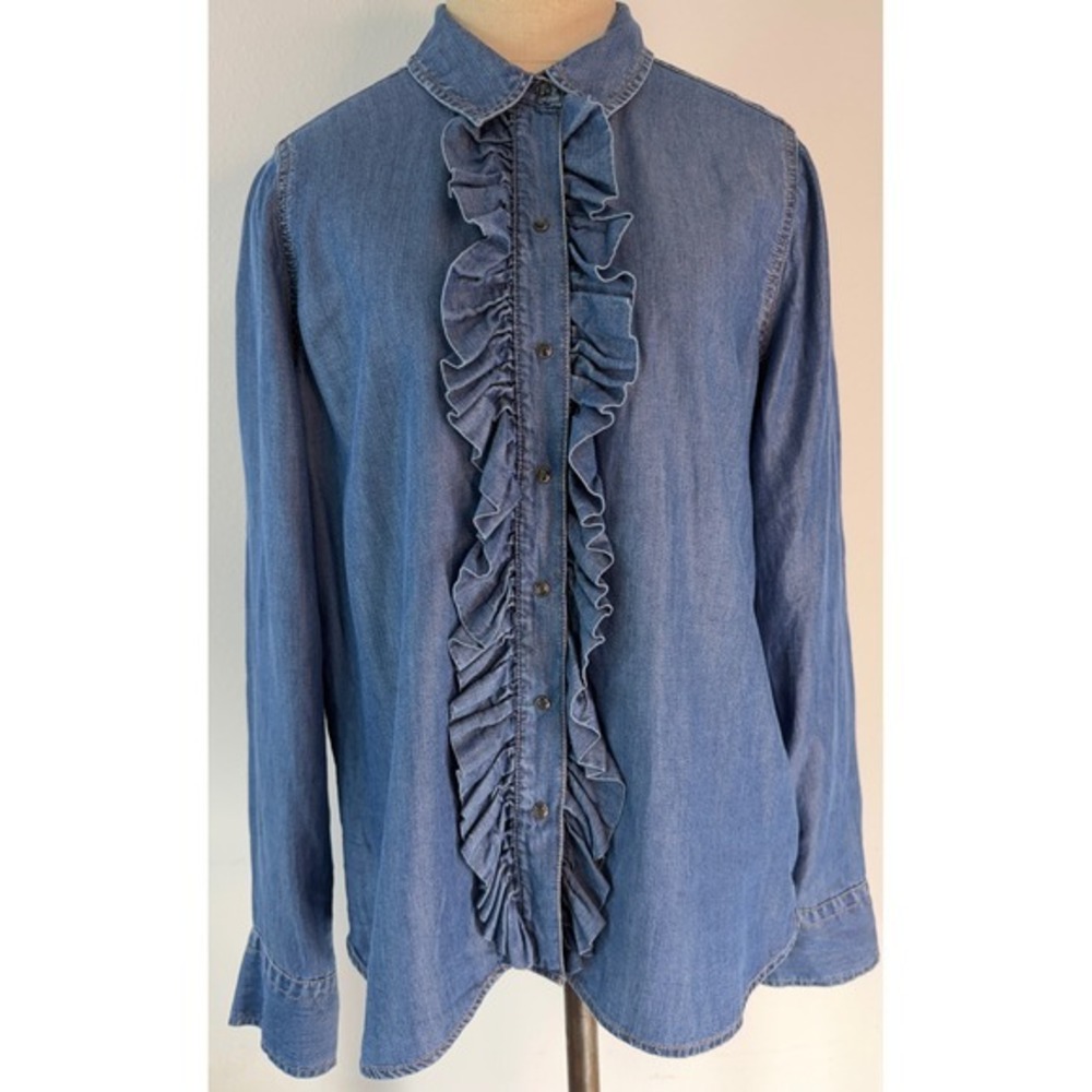 Express Blue Denim Chambray Ruffle Trim Top Button Snap Shirt Medium Boho Chic